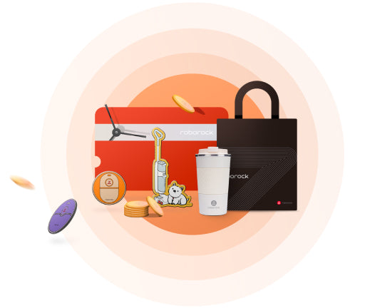 Collection of Roborock branded merchandise, including a blacktote bag, white tumbler