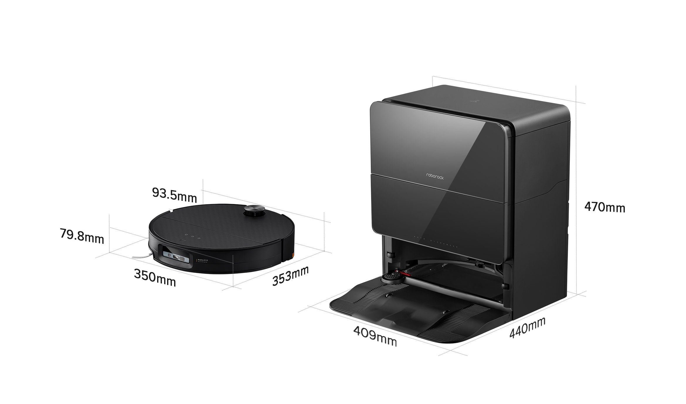 Dimension diagram for Saros 10 robot vacuum and dock.