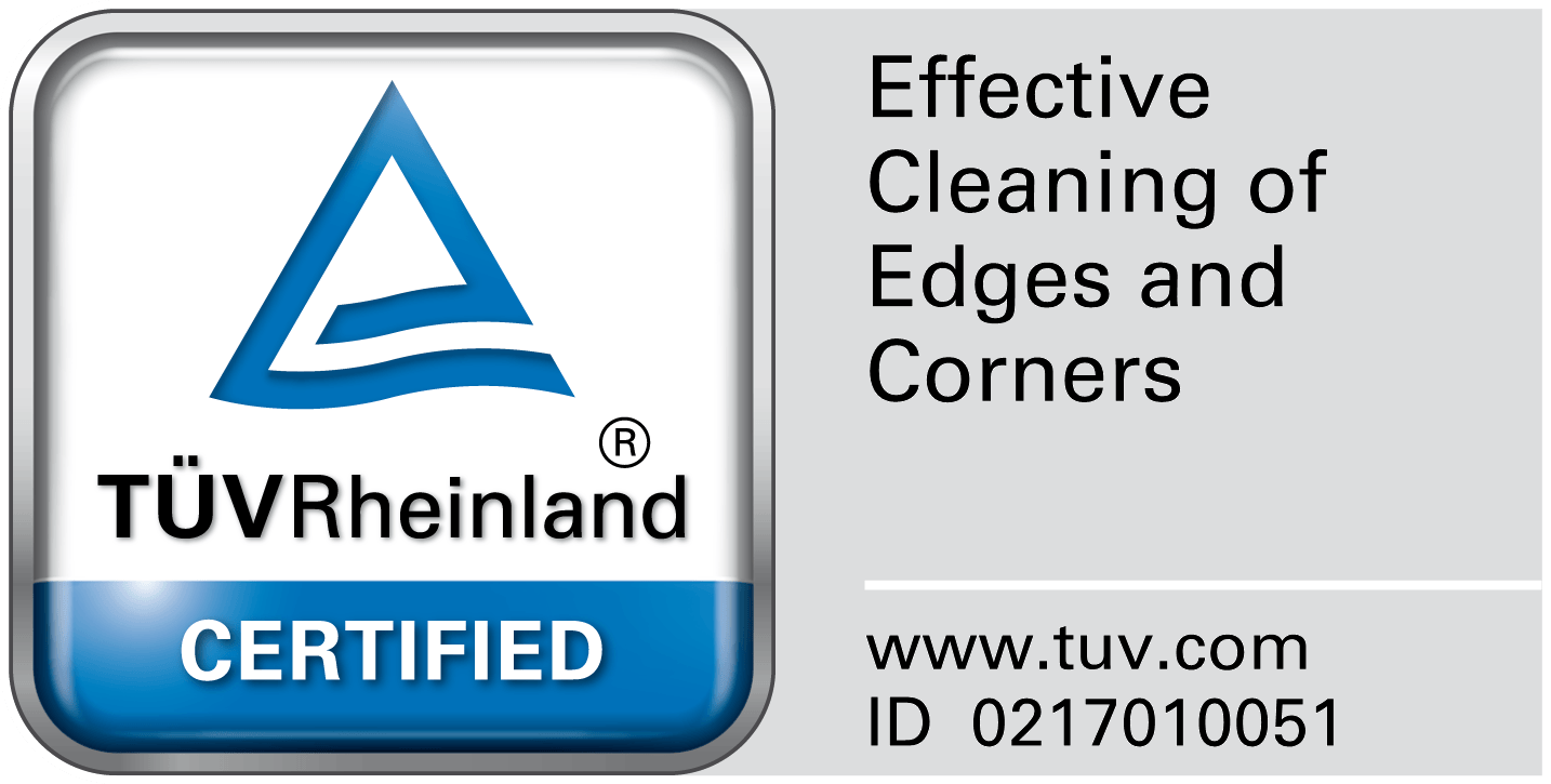 TUV Rheinland certification mark for effective cleaning of edges and corners.