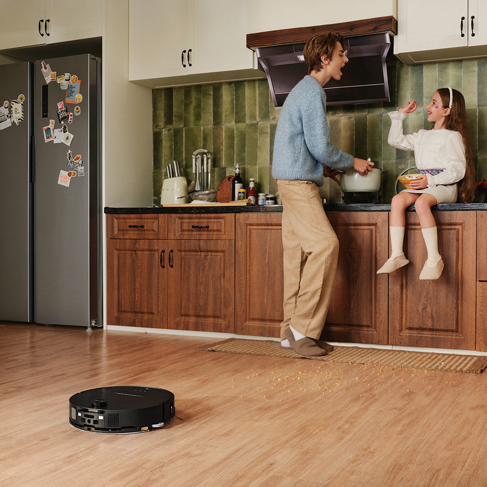Saros 10 cleaning cereal spilled on the floor after a voice command.