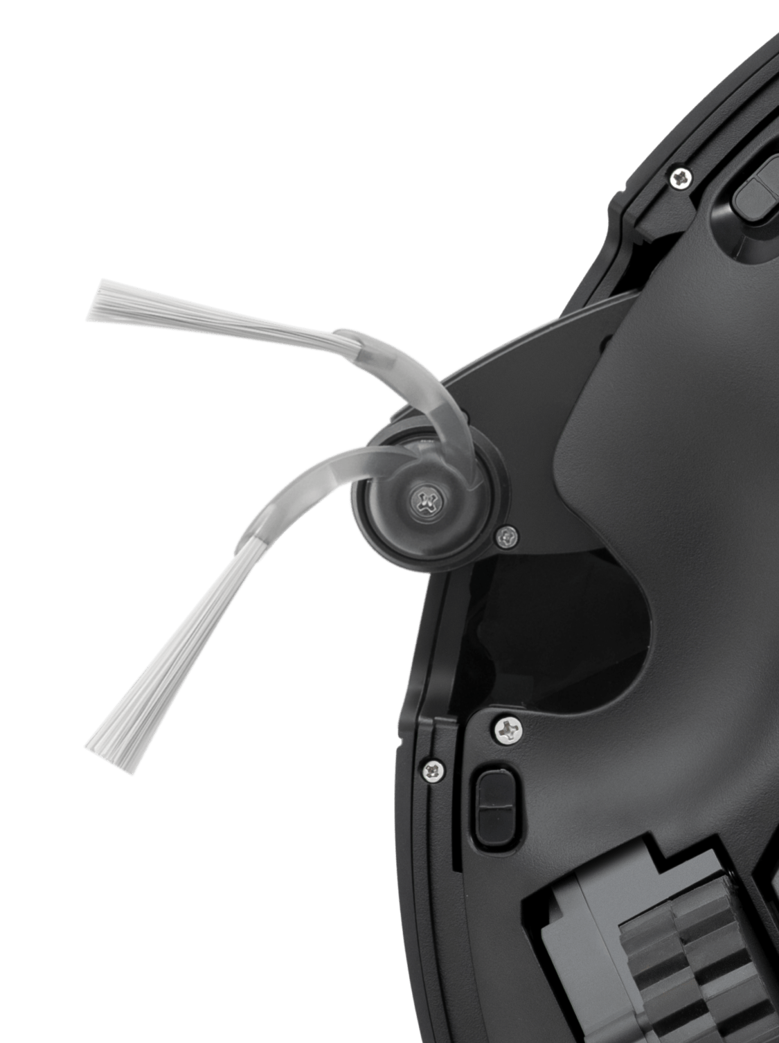 FlexiArm side brush close-up showing the asymmetrical spiral arc, soft rubber baffle, and longer bristles.