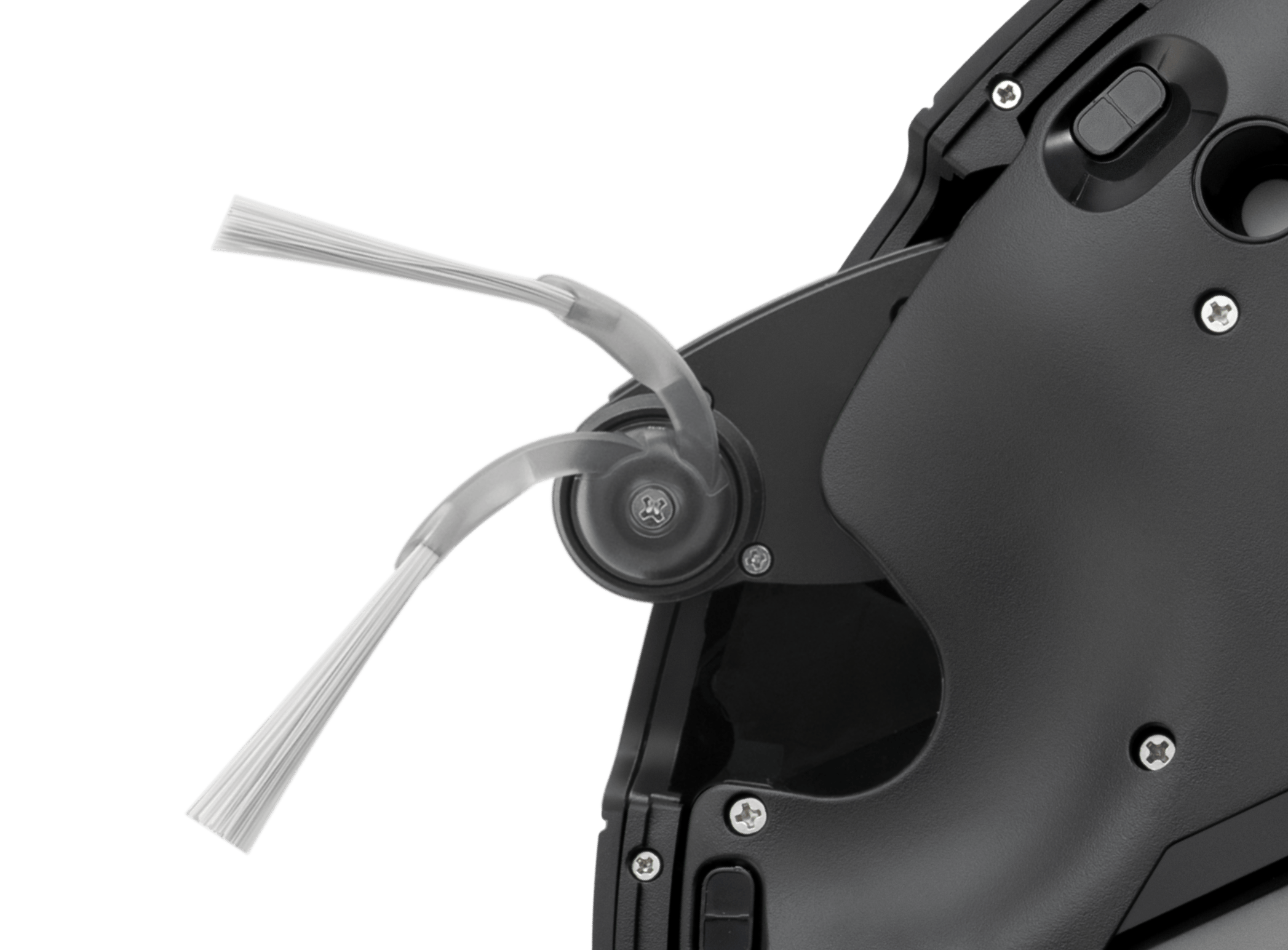 FlexiArm side brush close-up showing the asymmetrical spiral arc, soft rubber baffle, and longer bristles.