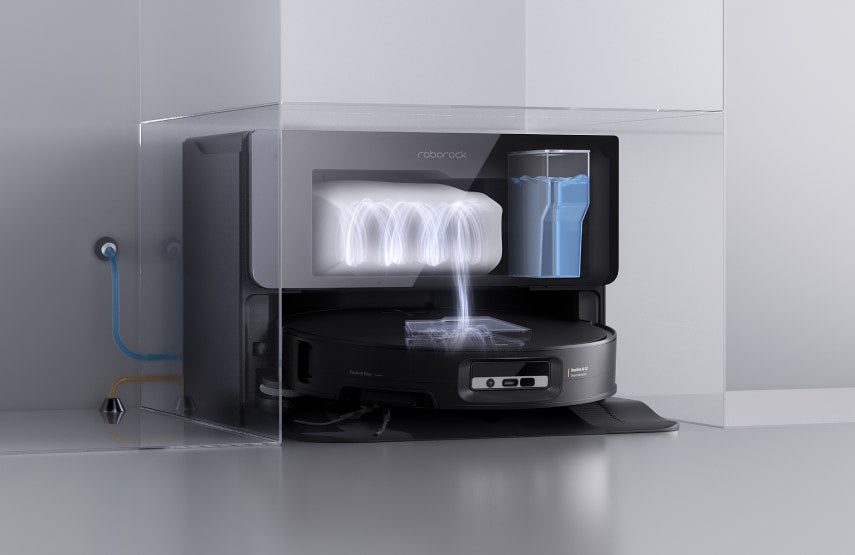 Saros 10 refill and drainage dock automatically refilling clean water and draining dirty water during mop washing.