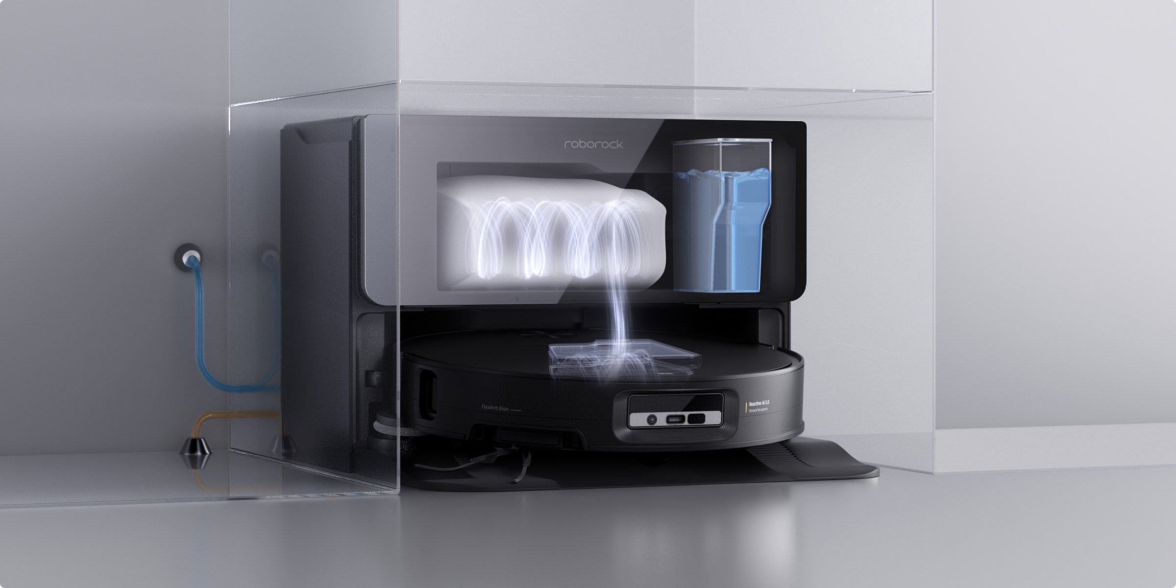 Saros 10 refill and drainage dock automatically refilling clean water and draining dirty water during mop washing.