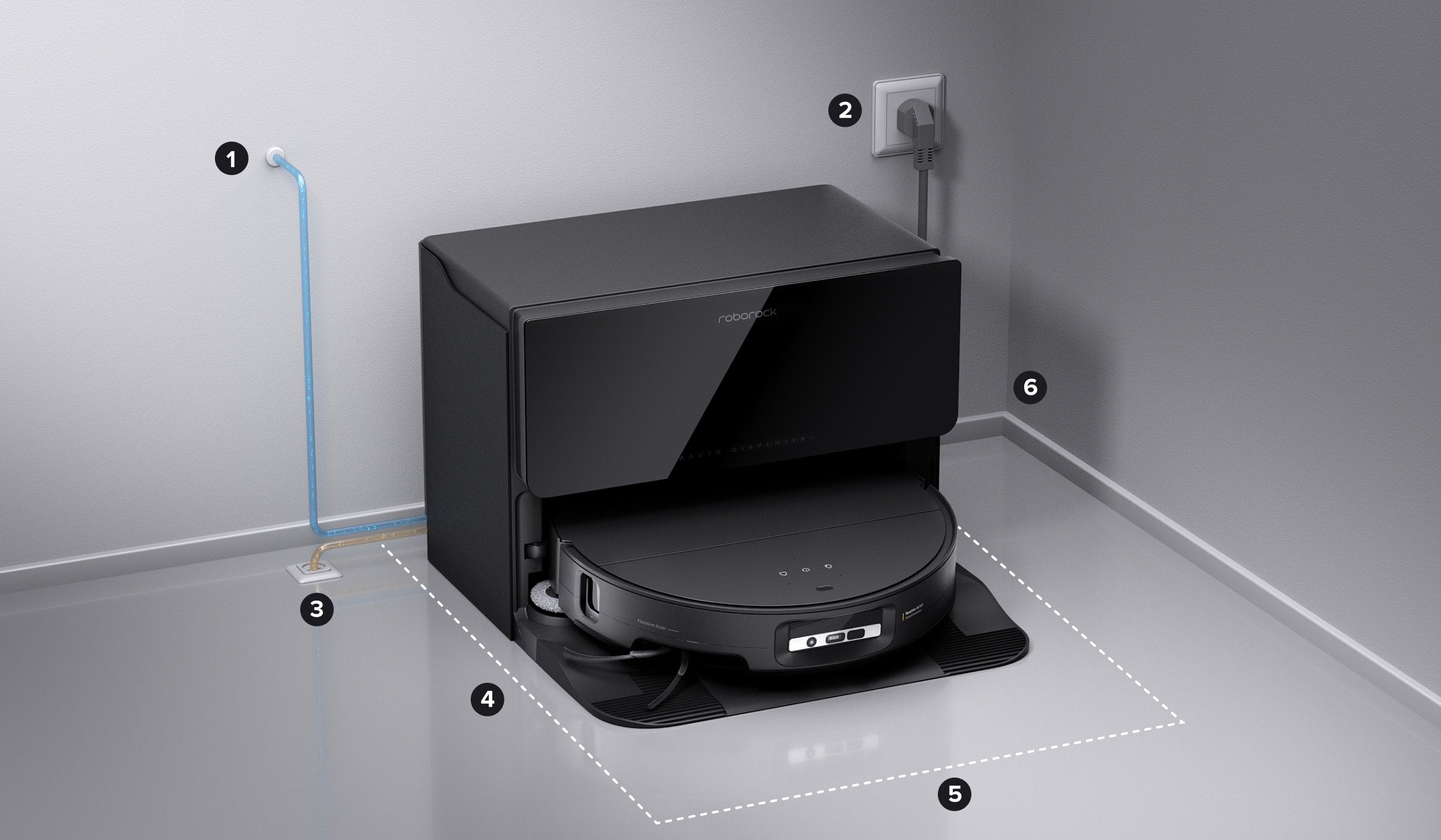 Installation environment diagram for the refill and drainage dock showing water, power, drainage, and clearance points.