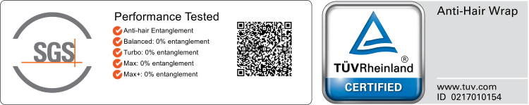 SGS Performance Tested and TUV Rheinland Anti-Hair Wrap certification marks for the main brush.