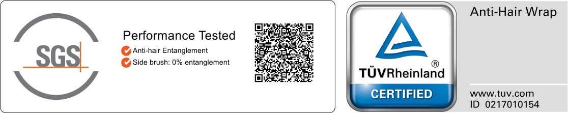 SGS Performance Tested and TUV Rheinland Anti-Hair Wrap certification marks for the side brush.
