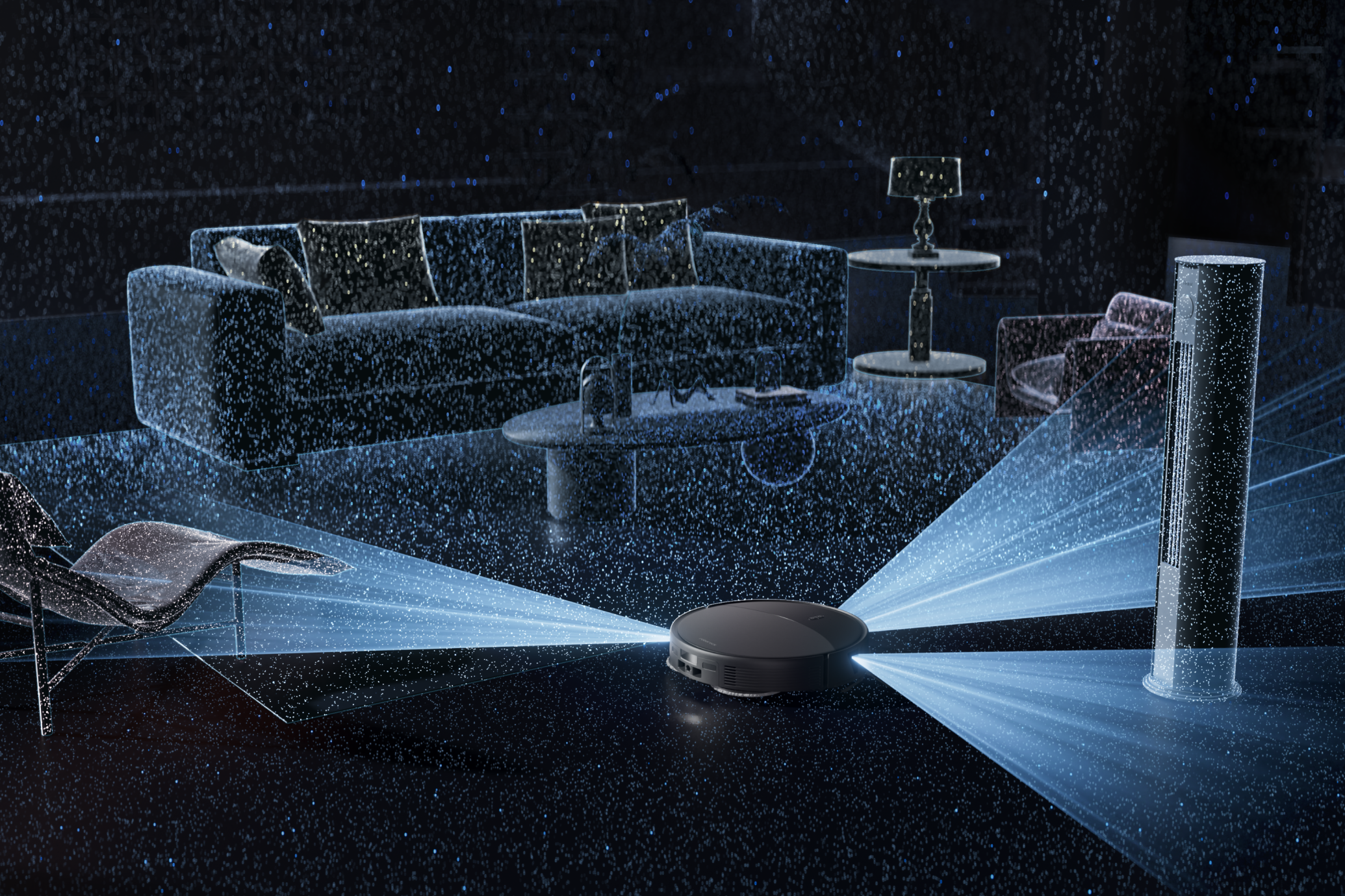 Promotional graphic for Roborock Saros 20. On the left, a black robot vacuum emits illustrative blue scanning beams in a living room rendered as a digital point cloud to demonstrate 3D sensing. The text on the right introduces the StarSight Autonomous System 2.0, featuring advanced 3D ToF technology for 3D sensing, comprehensive mapping, precise localization, and obstacle recognition for items like cables and pets.